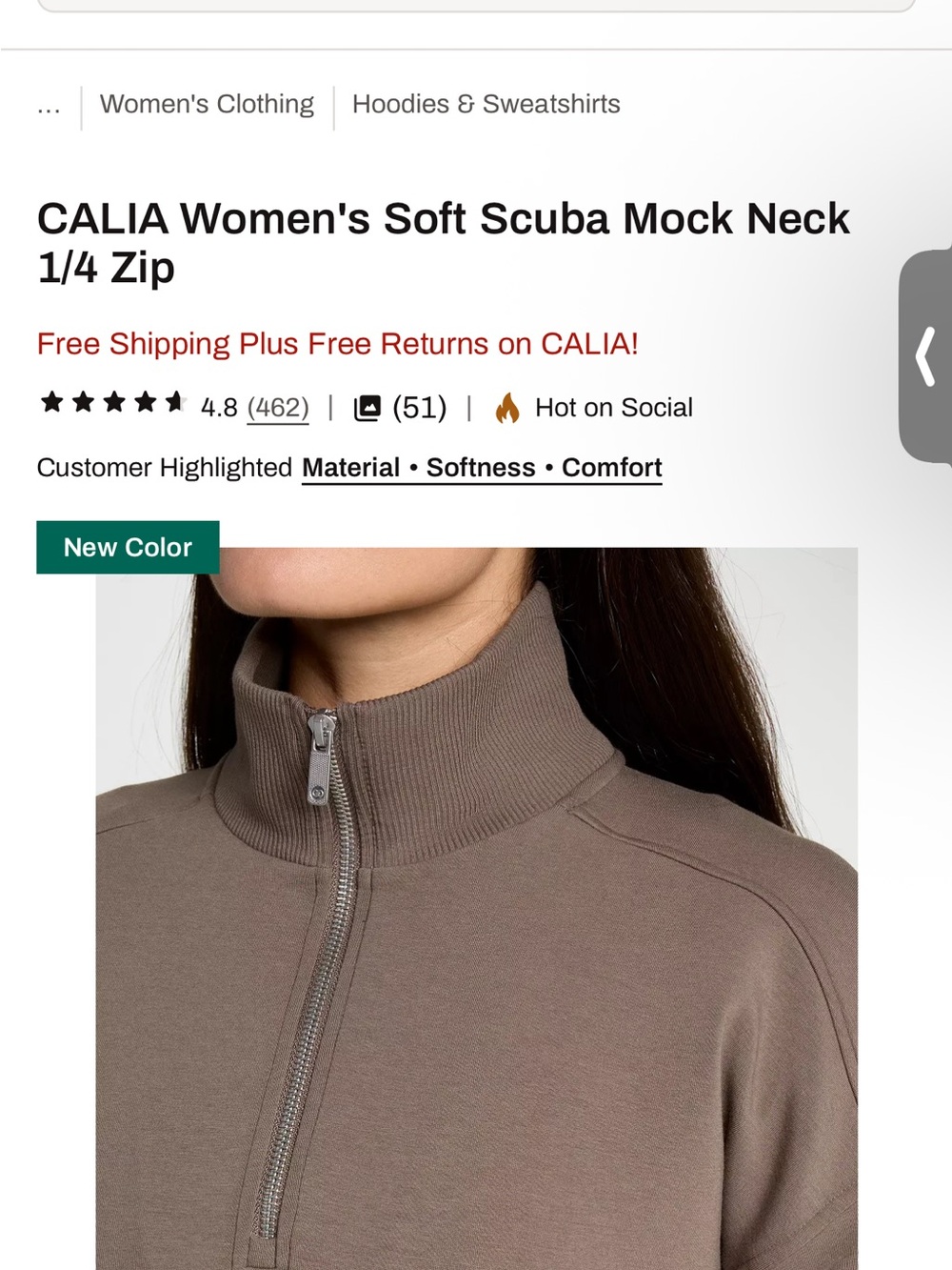 CALIA Women's Soft Scuba Mock Neck 1/4 Zip Sweatshirt - Taupe